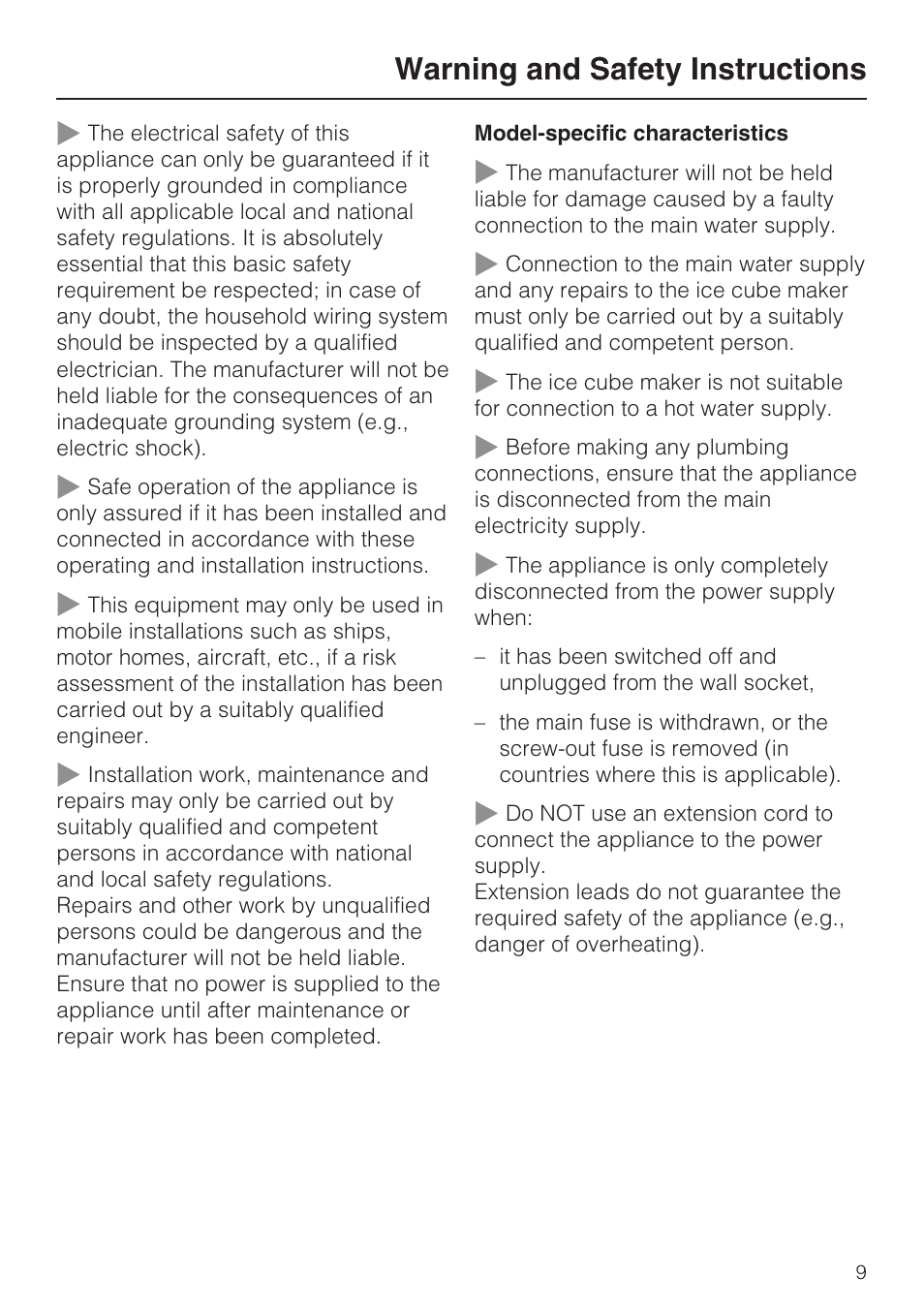 Warning and safety instructions | Miele KFN 8995 SD ED-1 User Manual | Page 9 / 60