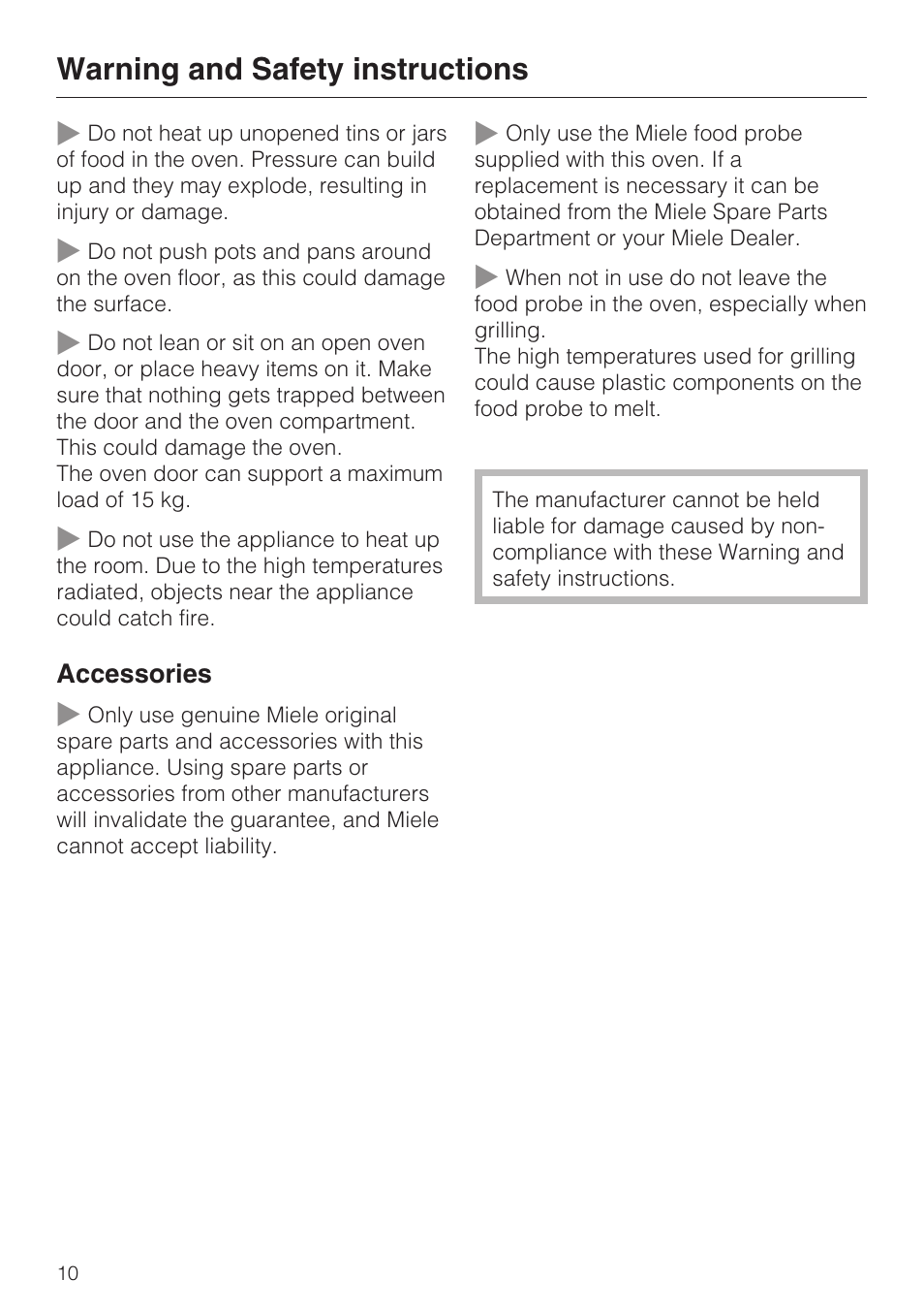 Warning and safety instructions | Miele H 5061 B  EN User Manual | Page 10 / 72