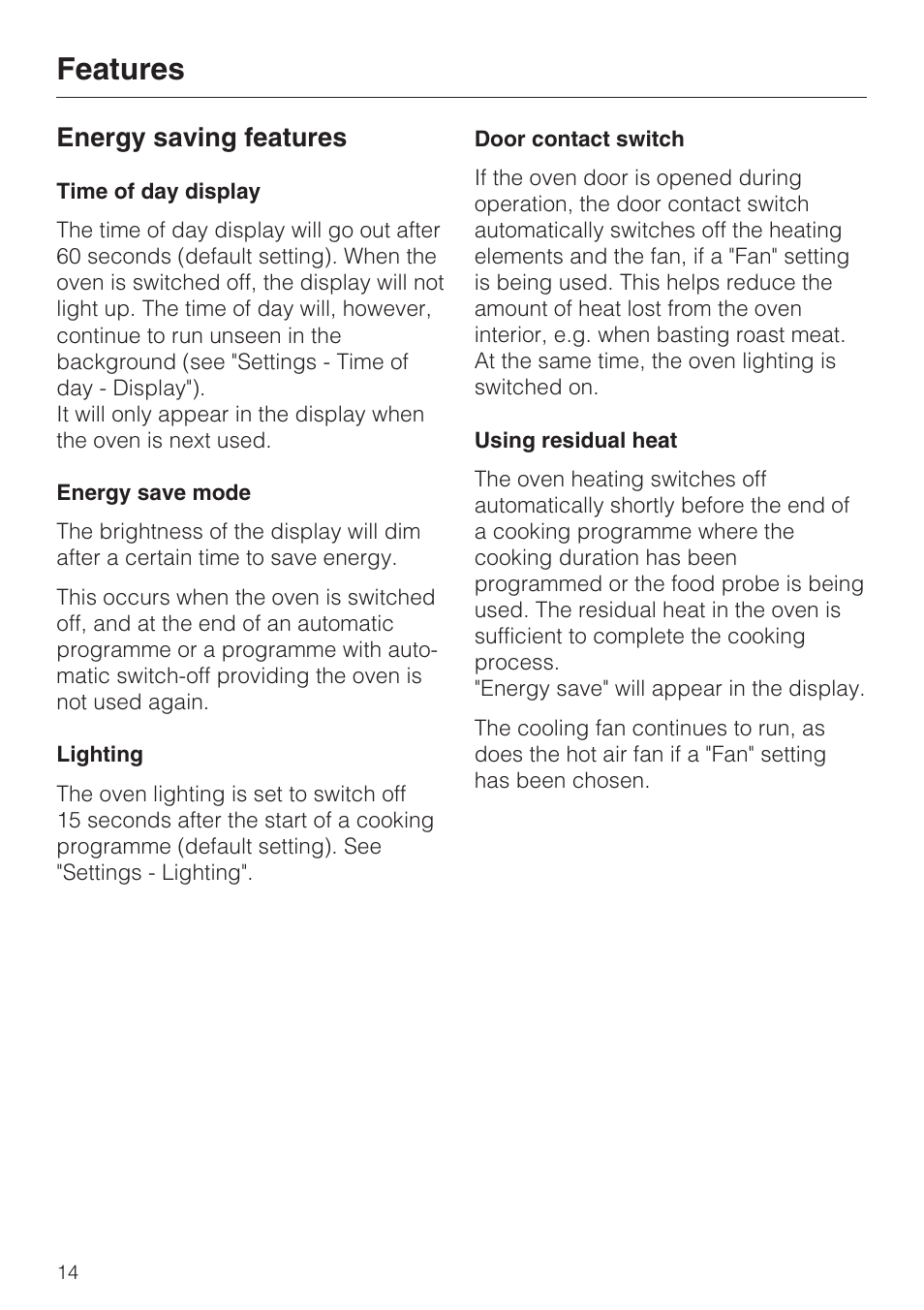Energy saving features 14, Features, Energy saving features | Miele H 5061 B  EN User Manual | Page 14 / 72