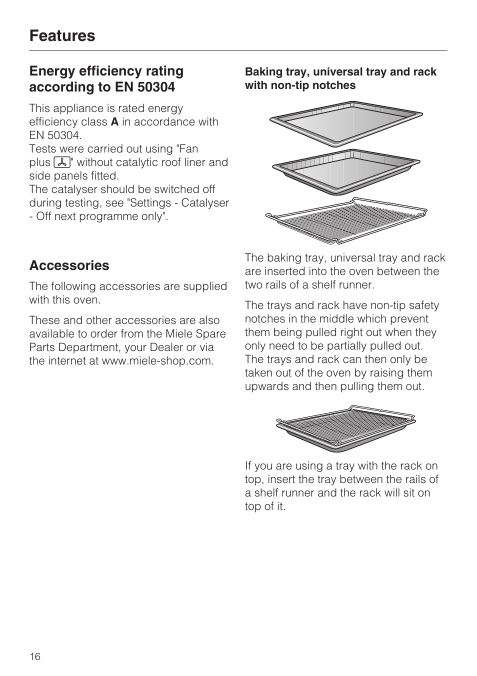 Energy efficiency rating according to en 50304 16, Accessories 16, Features | Accessories | Miele H 5061 B  EN User Manual | Page 16 / 72
