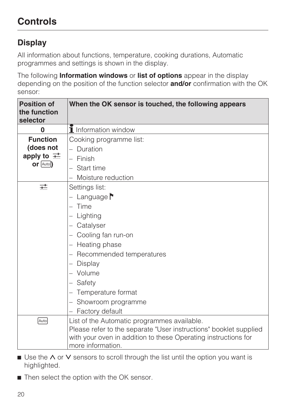 Display 20, Controls, Display | Miele H 5061 B  EN User Manual | Page 20 / 72