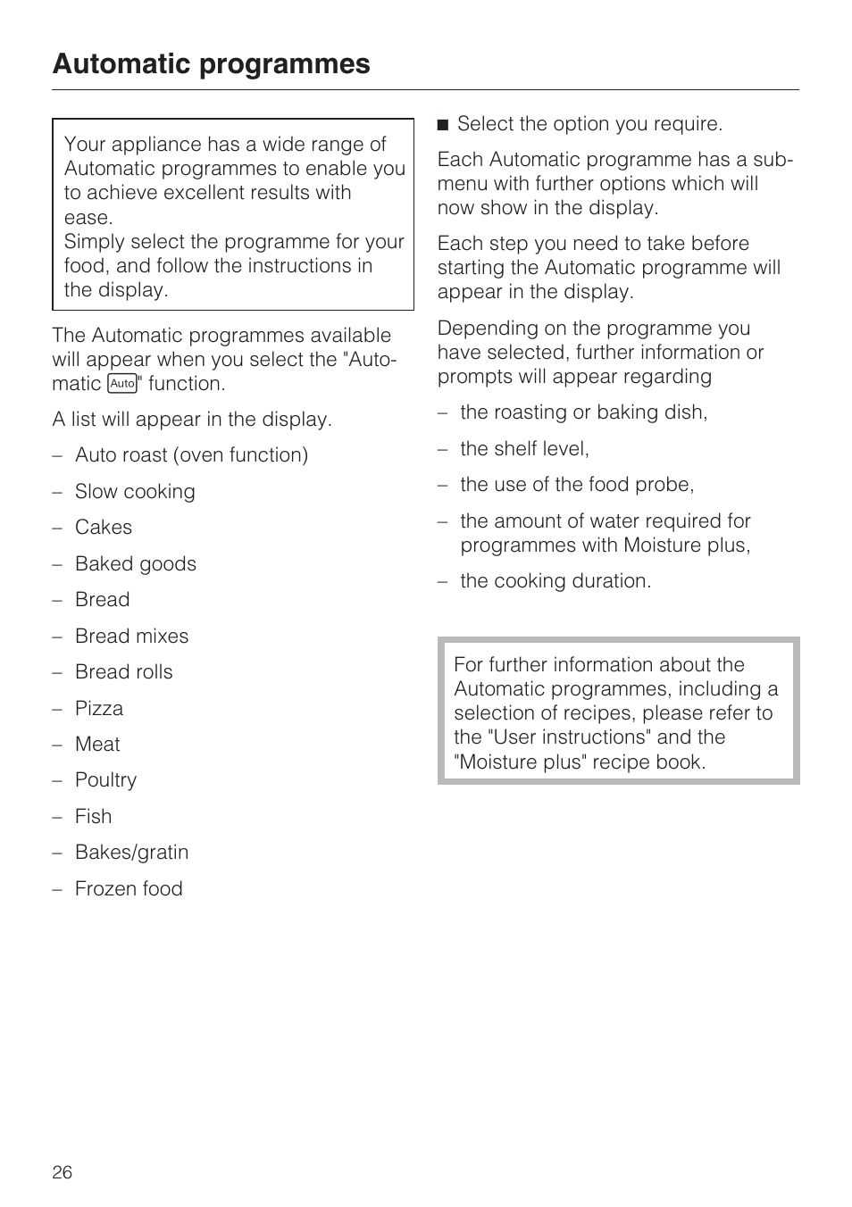 Automatic programmes 26, Automatic programmes | Miele H 5061 B  EN User Manual | Page 26 / 72