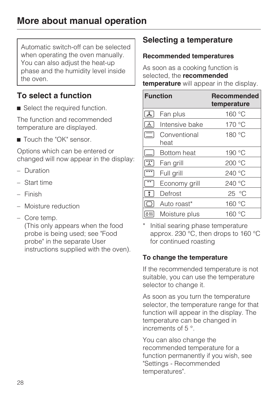 More about manual operation 28, To select a function 28, Selecting a temperature 28 | Recommended temperatures 28, To change the temperature 28, More about manual operation, Selecting a temperature | Miele H 5061 B  EN User Manual | Page 28 / 72