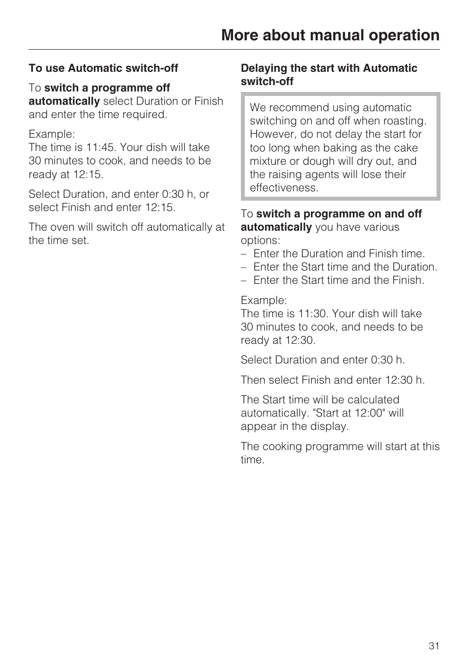 To use automatic switch-off 31, Delaying the start with automatic switch-off 31, More about manual operation | Miele H 5061 B  EN User Manual | Page 31 / 72
