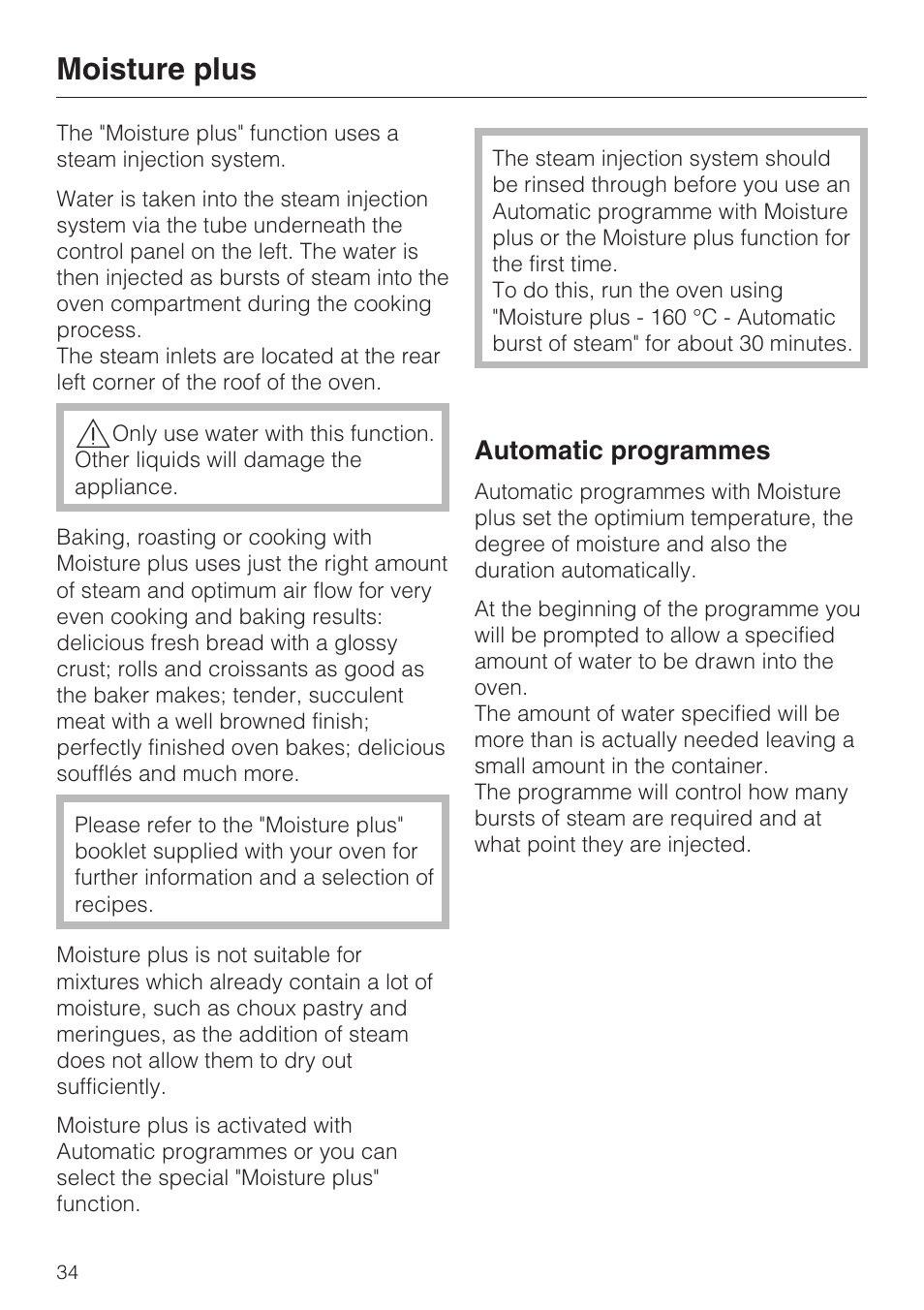 Moisture plus 34, Automatic programmes 34, Moisture plus | Automatic programmes | Miele H 5061 B  EN User Manual | Page 34 / 72