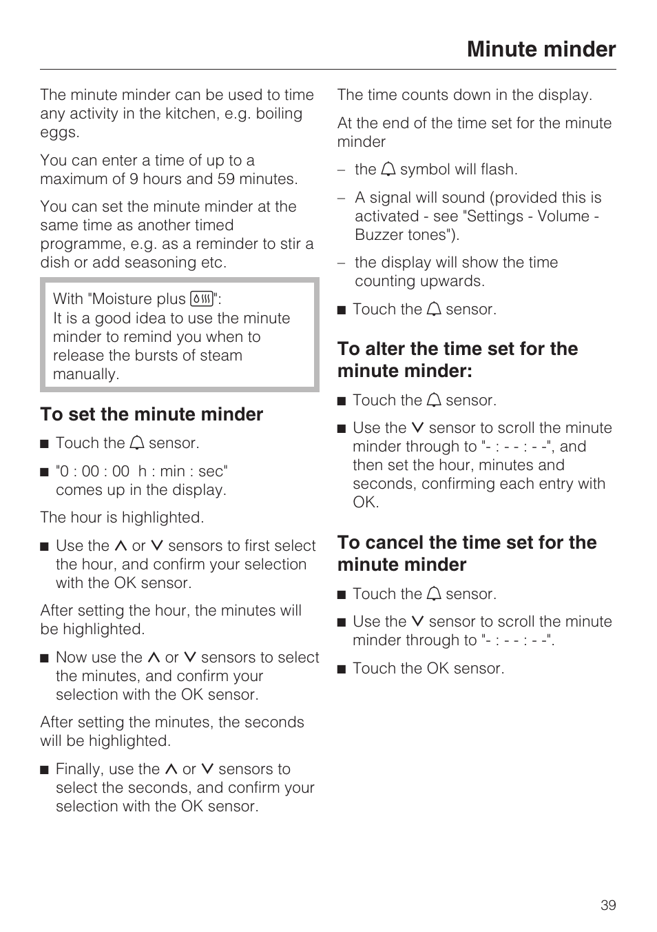 Minute minder 39, Minute minder | Miele H 5061 B  EN User Manual | Page 39 / 72