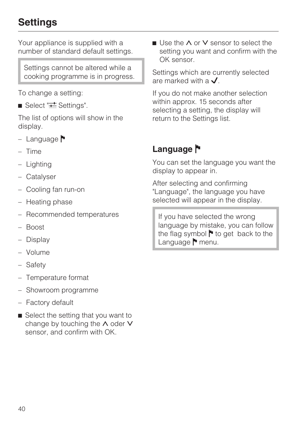 Settings 40, Language j 40, Settings | Language j | Miele H 5061 B  EN User Manual | Page 40 / 72