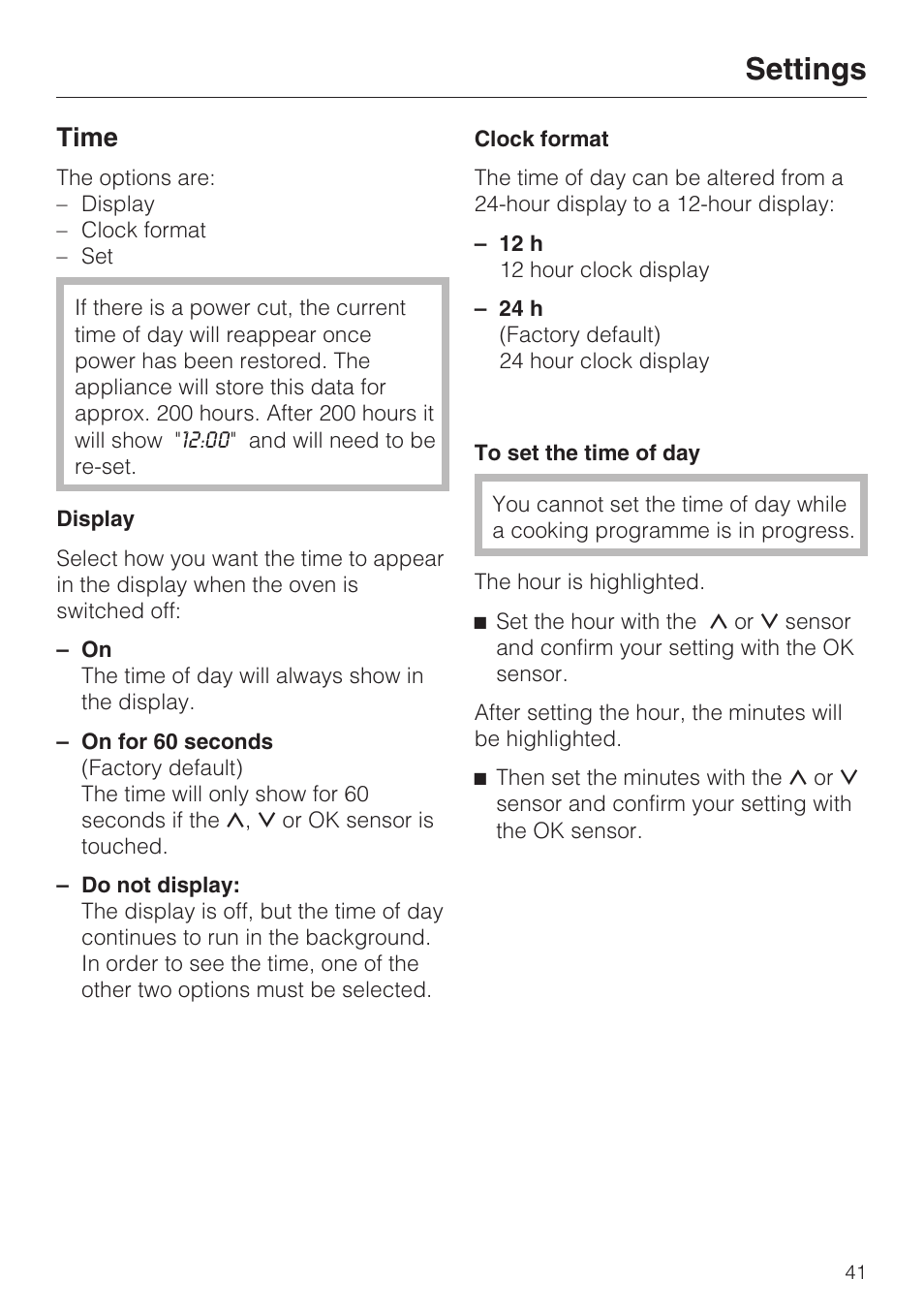 Time 41, Display 41, Clock format 41 | To set the time of day 41, Settings, Time | Miele H 5061 B  EN User Manual | Page 41 / 72