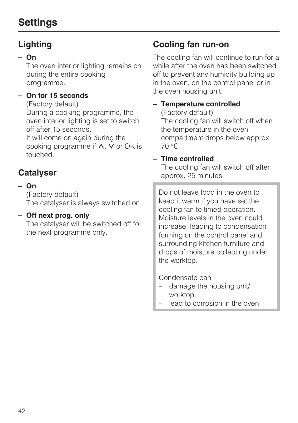 Lighting 42, Catalyser 42, Cooling fan run-on 42 | Settings, Lighting, Catalyser, Cooling fan run-on | Miele H 5061 B  EN User Manual | Page 42 / 72