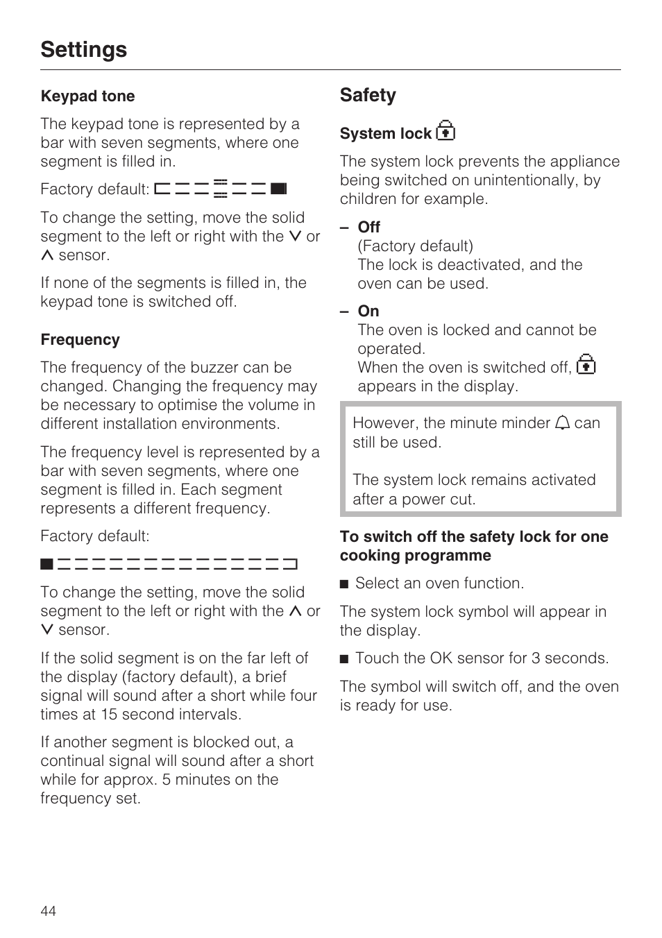 Keypad tone 44, Frequency 44, Safety 44 | System lock 0 44, Settings, Safety | Miele H 5061 B  EN User Manual | Page 44 / 72