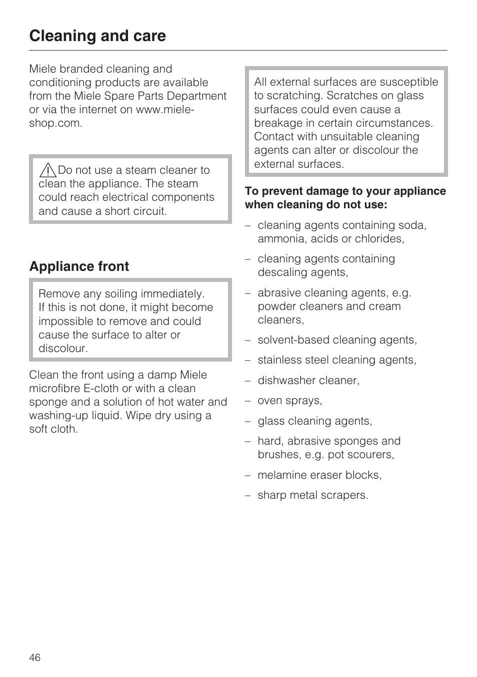 Cleaning and care 46, Appliance front 46, Cleaning and care | Appliance front | Miele H 5061 B  EN User Manual | Page 46 / 72