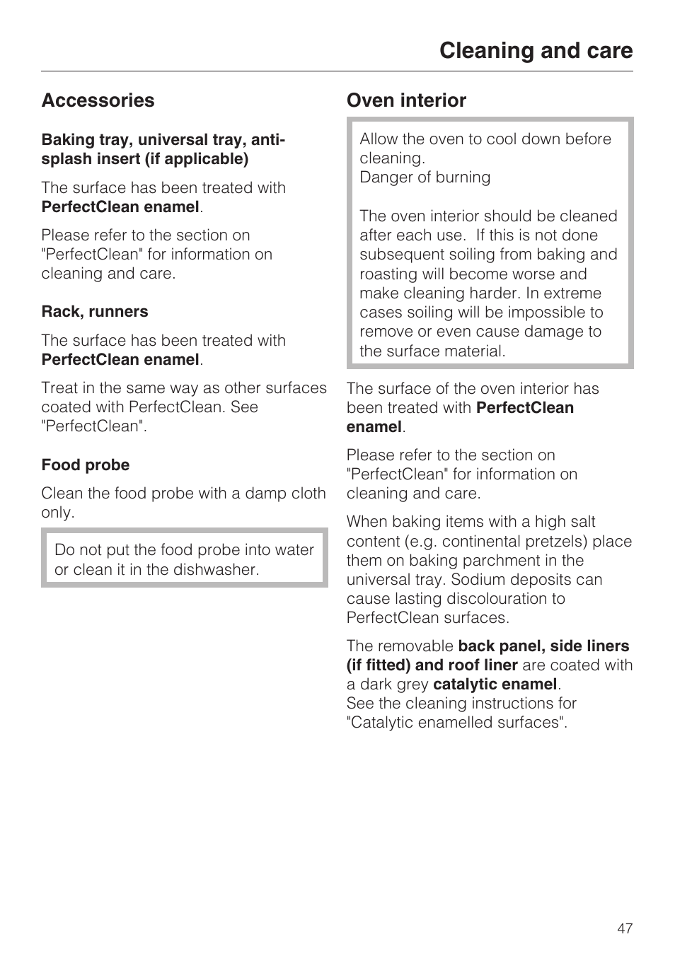 Accessories 47, Rack, runners 47, Food probe 47 | Oven interior 47, Cleaning and care, Accessories, Oven interior | Miele H 5061 B  EN User Manual | Page 47 / 72