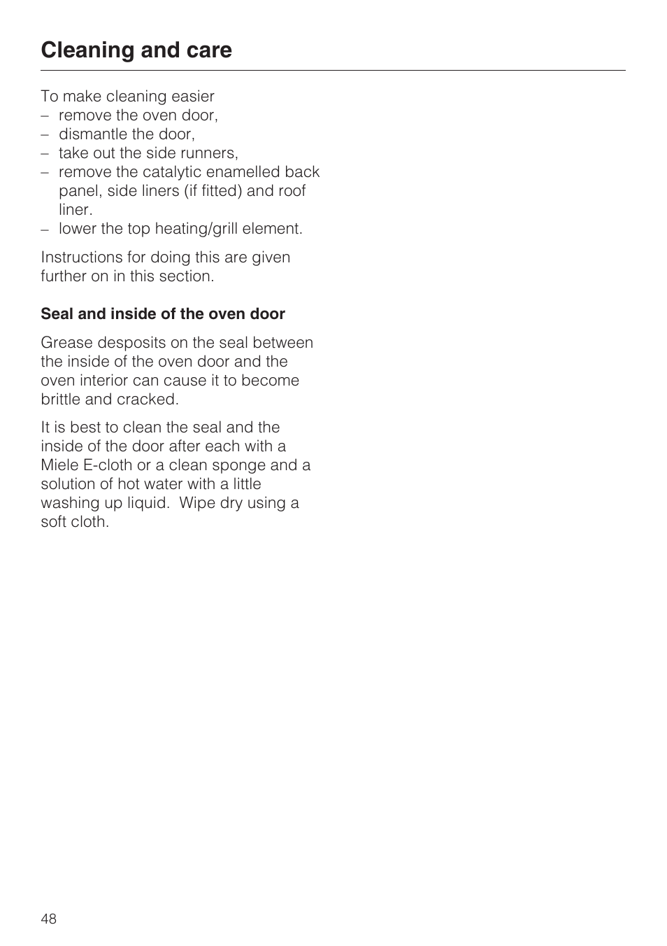 Seal and inside of the oven door 48, Cleaning and care | Miele H 5061 B  EN User Manual | Page 48 / 72