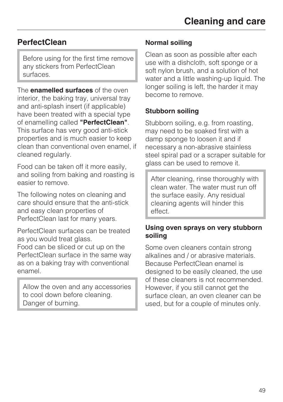 Perfectclean 49, Cleaning and care, Perfectclean | Miele H 5061 B  EN User Manual | Page 49 / 72