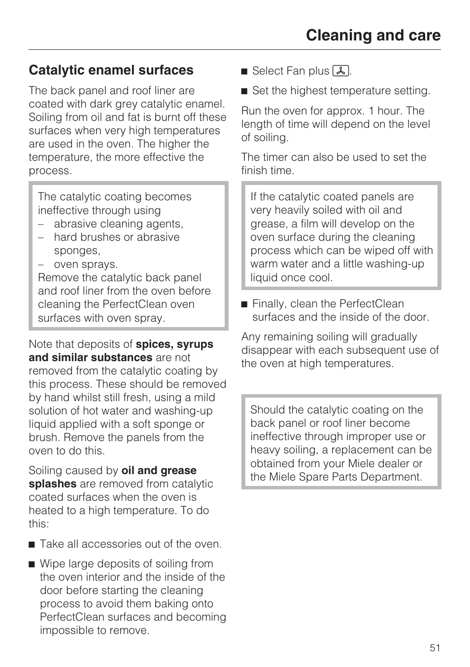 Catalytic enamel surfaces 51, Cleaning and care, Catalytic enamel surfaces | Miele H 5061 B  EN User Manual | Page 51 / 72