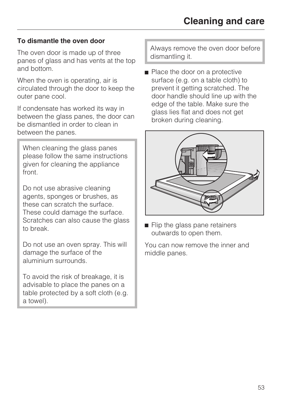 To dismantle the oven door 53, Cleaning and care | Miele H 5061 B  EN User Manual | Page 53 / 72