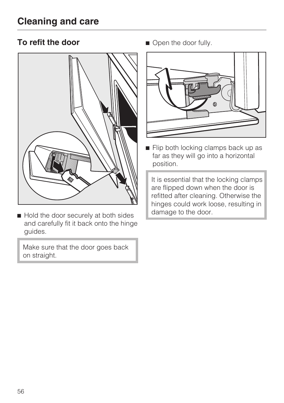 To refit the door 56, Cleaning and care | Miele H 5061 B  EN User Manual | Page 56 / 72