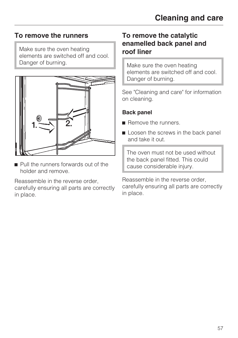 To remove the runners 57, Back panel 57, Cleaning and care | Miele H 5061 B  EN User Manual | Page 57 / 72