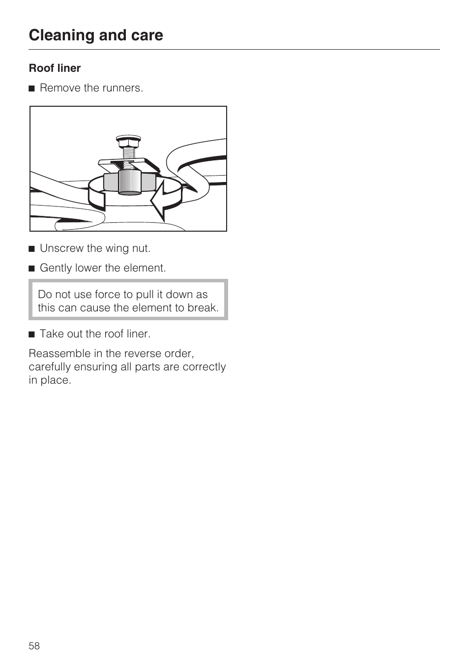 Roof liner 58, Cleaning and care | Miele H 5061 B  EN User Manual | Page 58 / 72