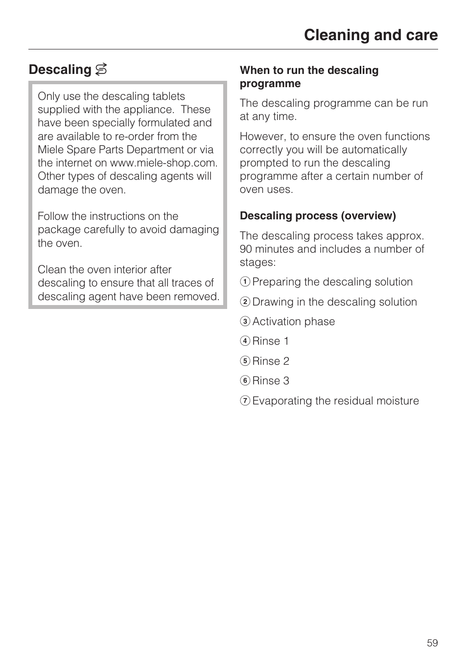Descaling f 59, When to run the descaling programme 59, Descaling process (overview) 59 | Cleaning and care, Descaling f | Miele H 5061 B  EN User Manual | Page 59 / 72