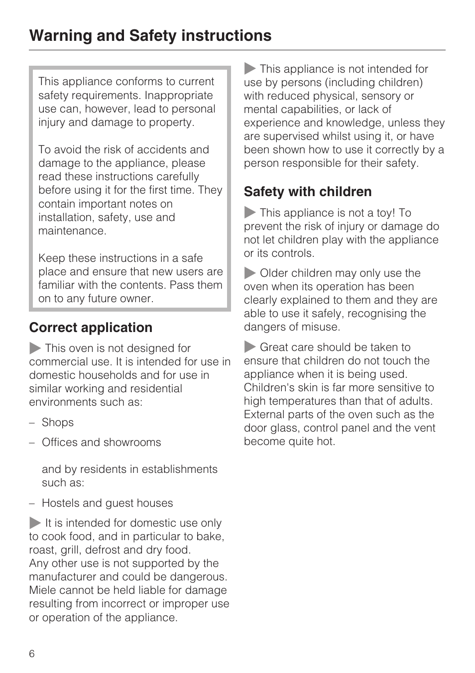 Warning and safety instructions 6, Warning and safety instructions | Miele H 5061 B  EN User Manual | Page 6 / 72