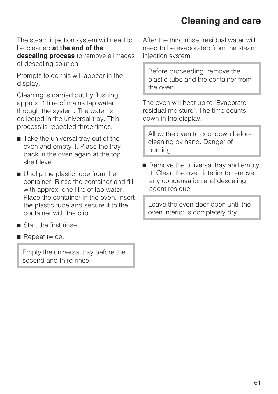 Cleaning and care | Miele H 5061 B  EN User Manual | Page 61 / 72