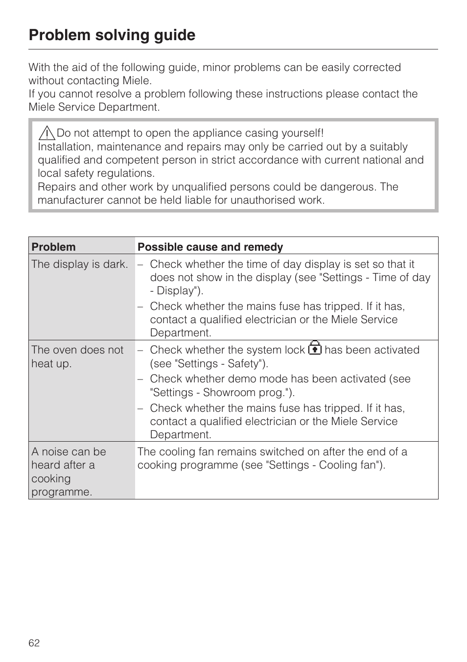 Problem solving guide 62, Problem solving guide | Miele H 5061 B  EN User Manual | Page 62 / 72