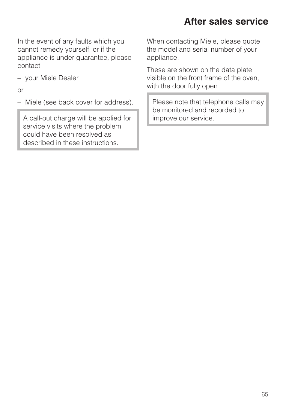 After sales service 65, After sales service | Miele H 5061 B  EN User Manual | Page 65 / 72