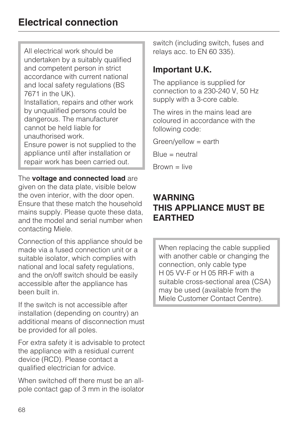 Electrical connection 68, Electrical connection, Important u.k | Warning this appliance must be earthed | Miele H 5061 B  EN User Manual | Page 68 / 72