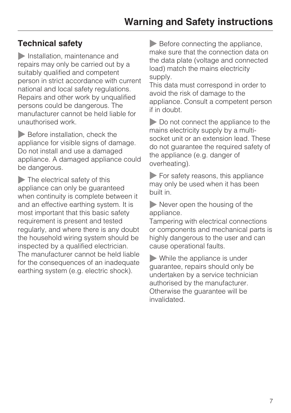 Warning and safety instructions | Miele H 5061 B  EN User Manual | Page 7 / 72