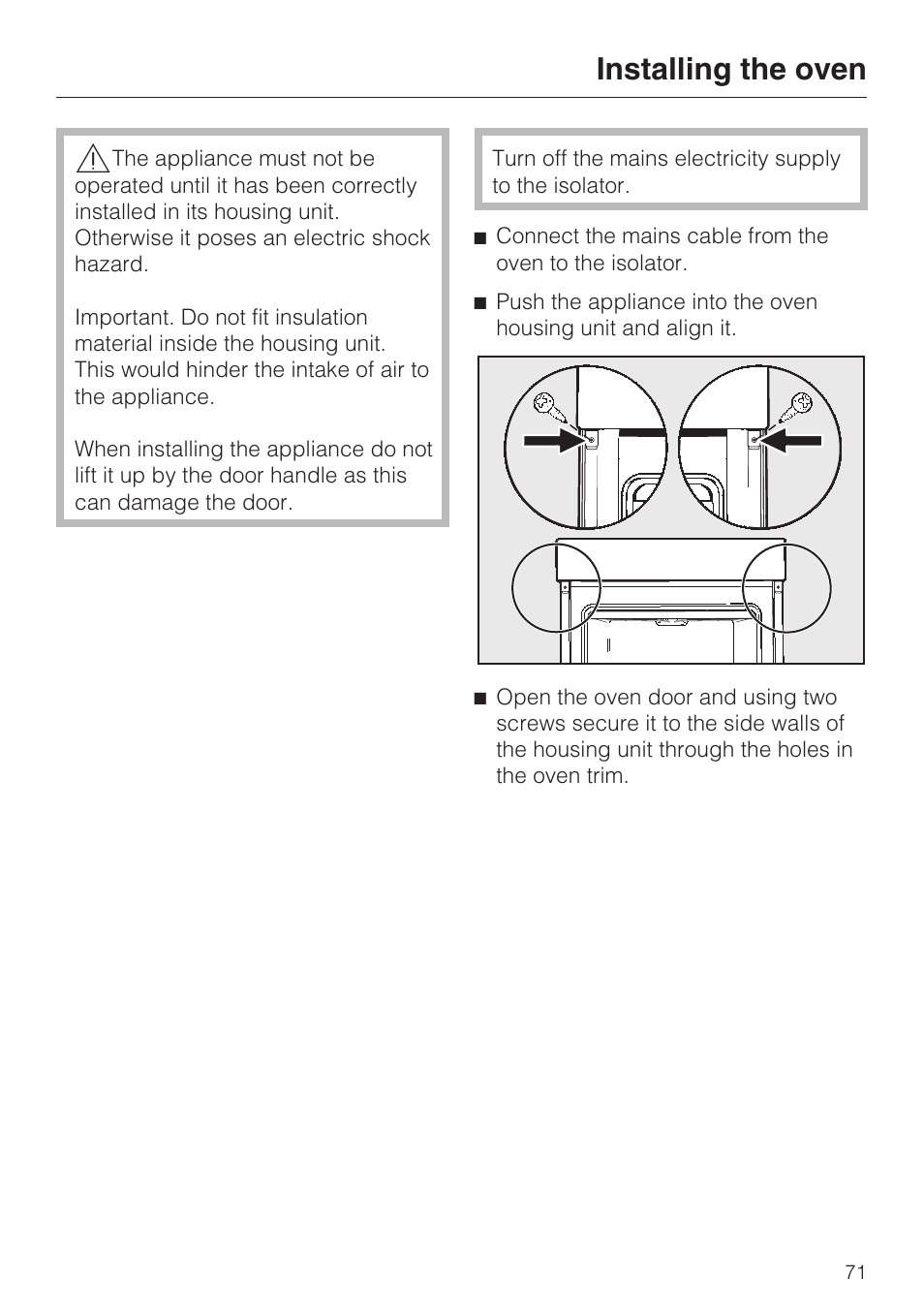 Installing the oven 71, Installing the oven | Miele H 5061 B  EN User Manual | Page 71 / 72