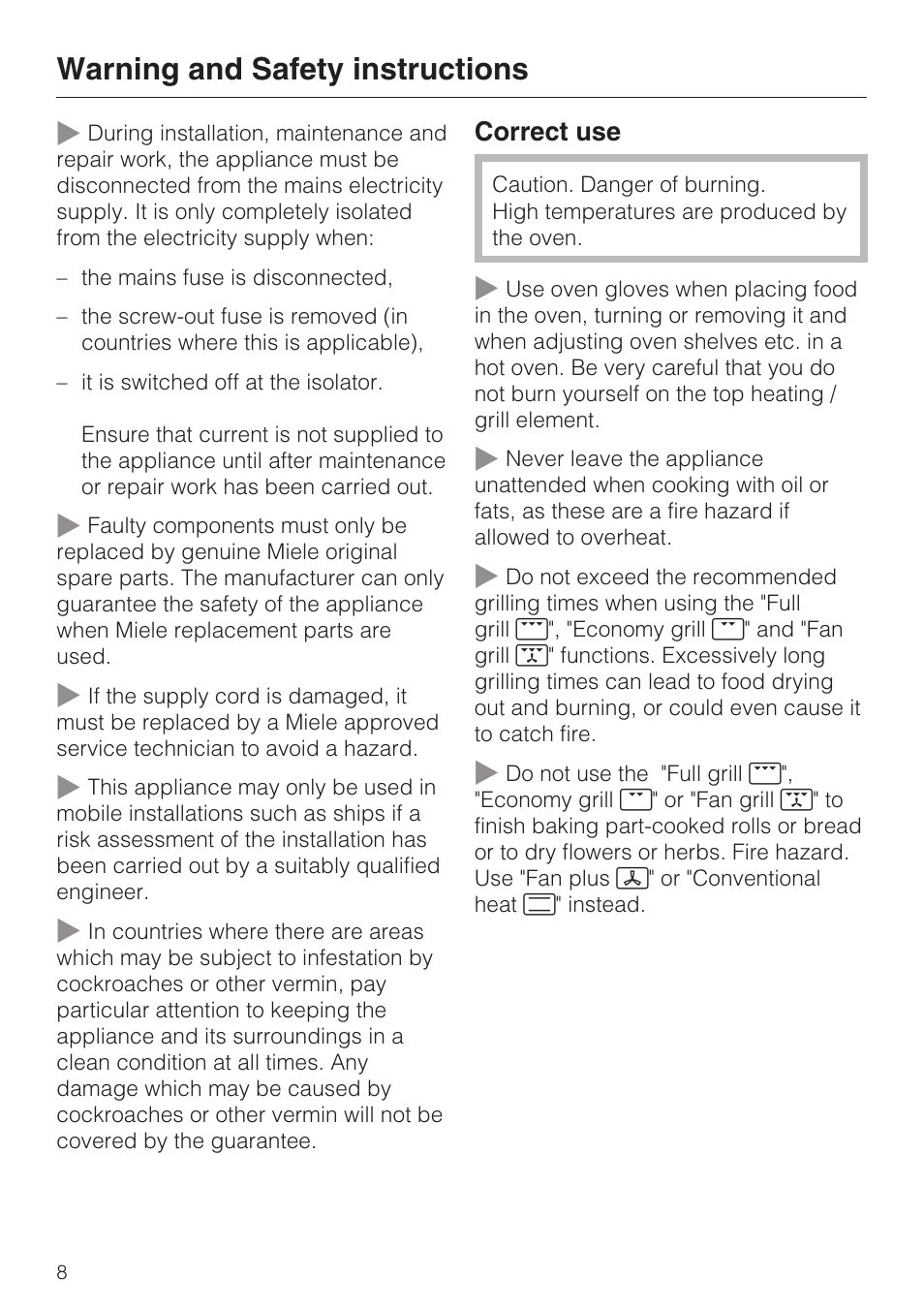 Warning and safety instructions | Miele H 5061 B  EN User Manual | Page 8 / 72
