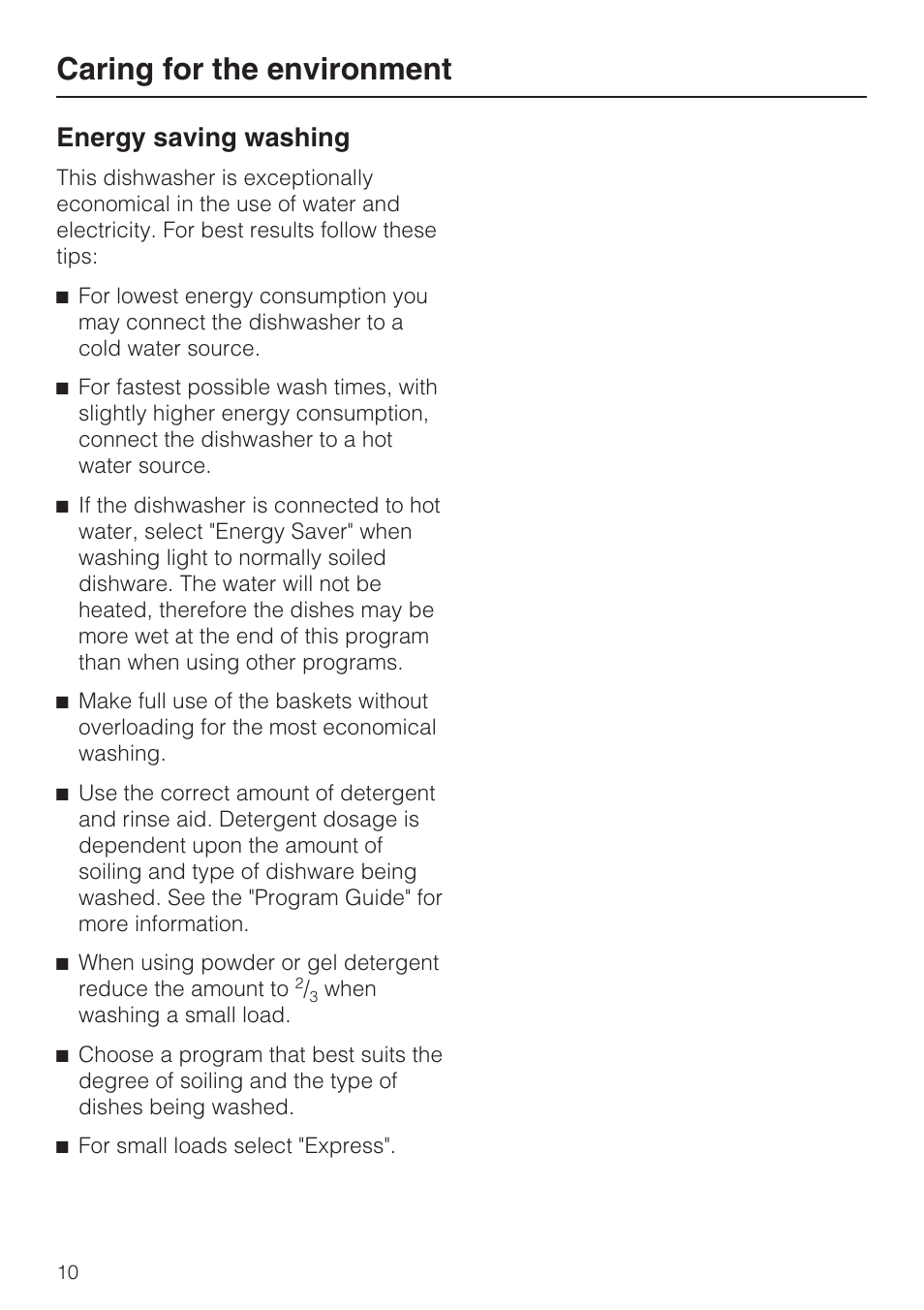 Caring for the environment 10, Caring for the environment, Energy saving washing | Miele G 2732 User Manual | Page 10 / 76