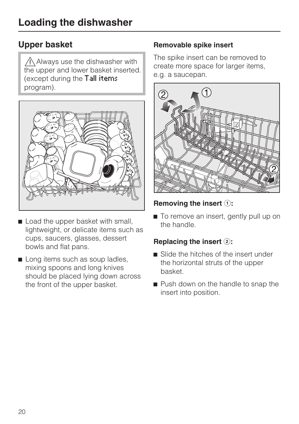 Upper basket 20, Loading the dishwasher, Upper basket | Miele G 2732 User Manual | Page 20 / 76