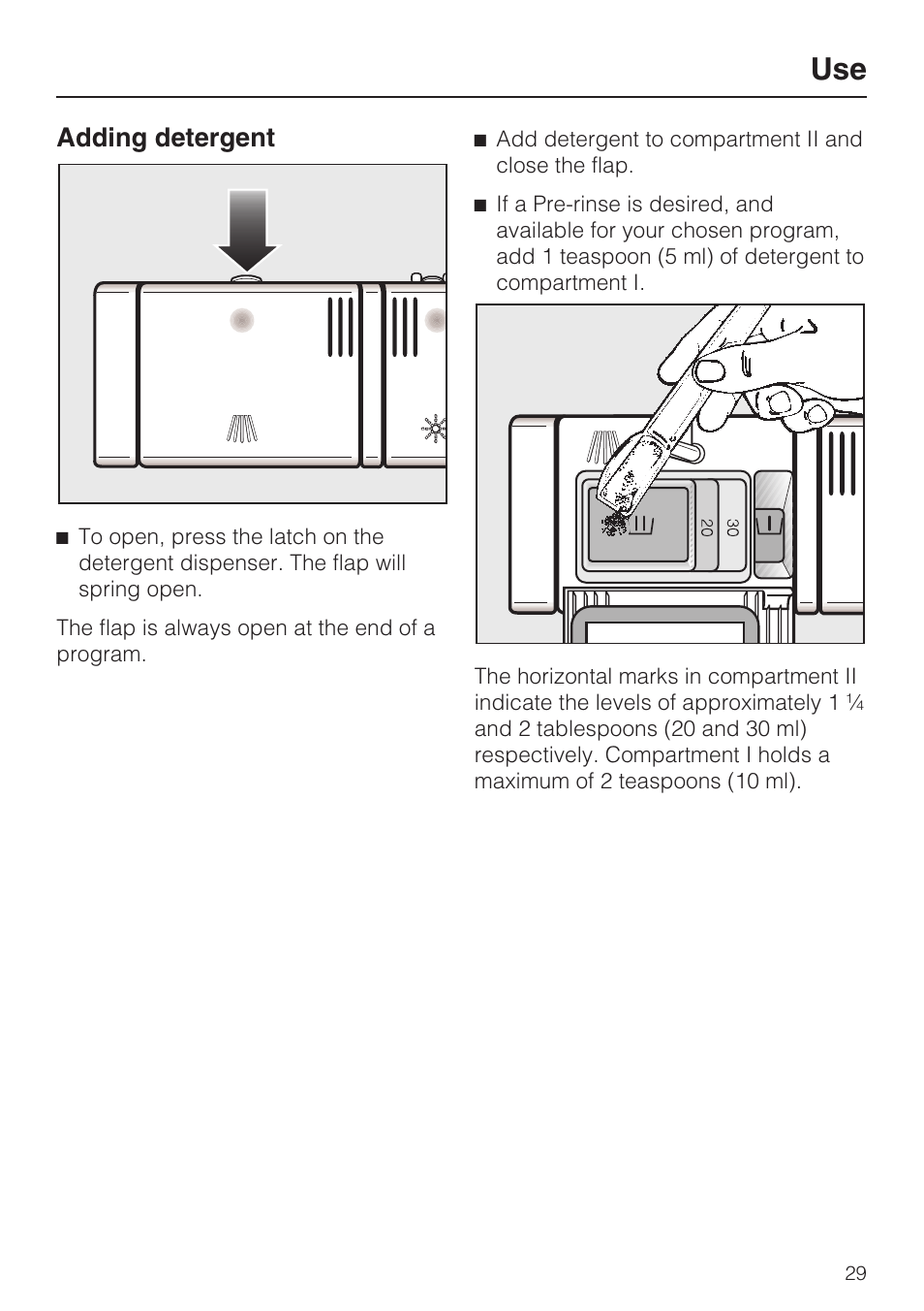 Adding detergent 29, Adding detergent | Miele G 2732 User Manual | Page 29 / 76