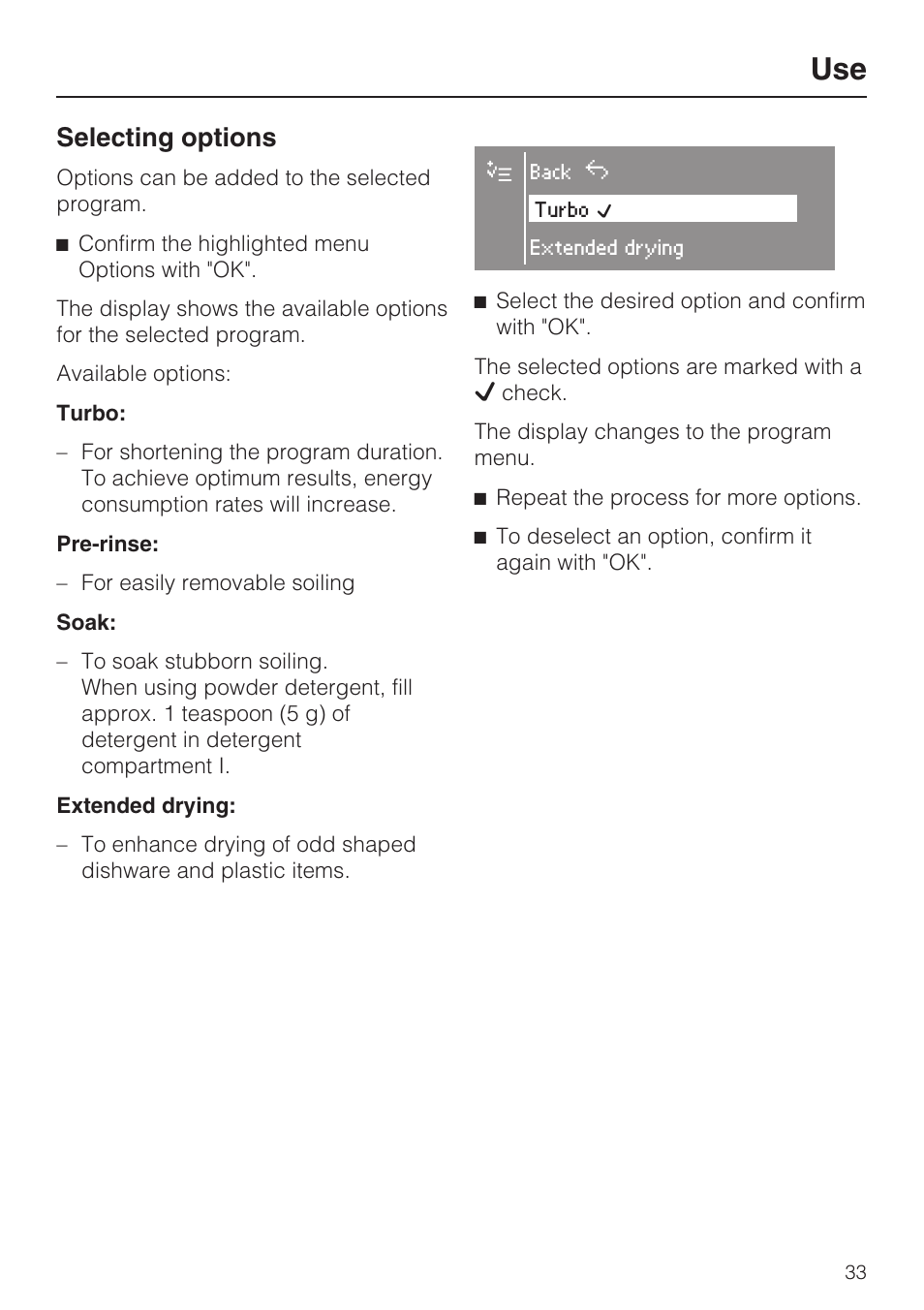 Use 33, Selecting options 33, Selecting options | Miele G 2732 User Manual | Page 33 / 76