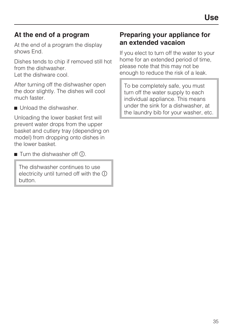 At the end of a program 35, At the end of a program, Preparing your appliance for an extended vacaion | Miele G 2732 User Manual | Page 35 / 76