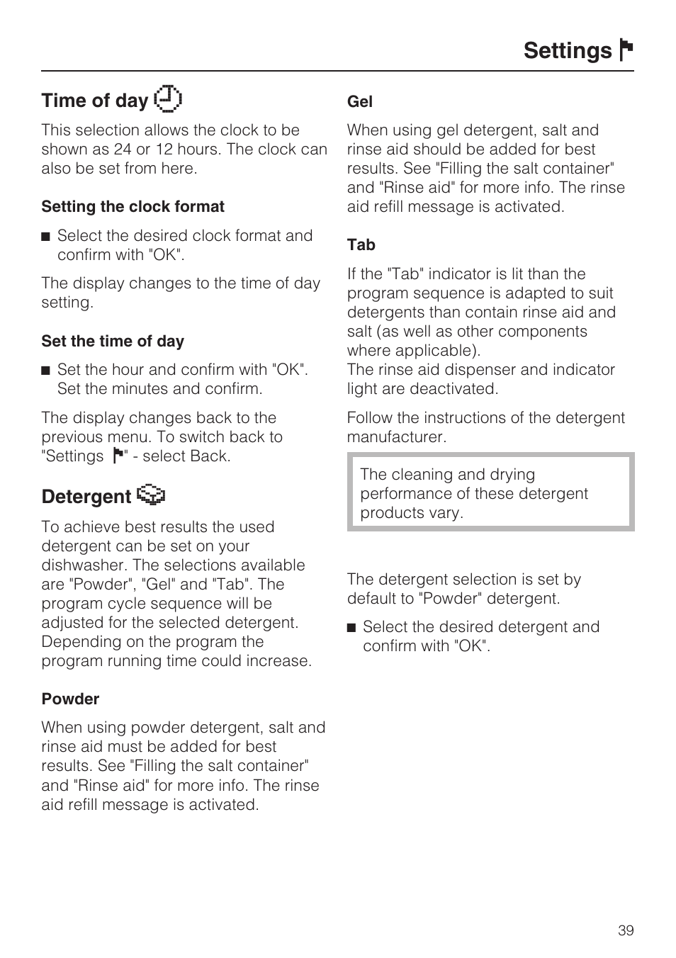 Settings j, Time of day y, Detergent z | Miele G 2732 User Manual | Page 39 / 76