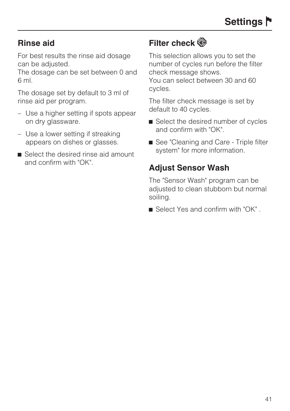 Settings j | Miele G 2732 User Manual | Page 41 / 76