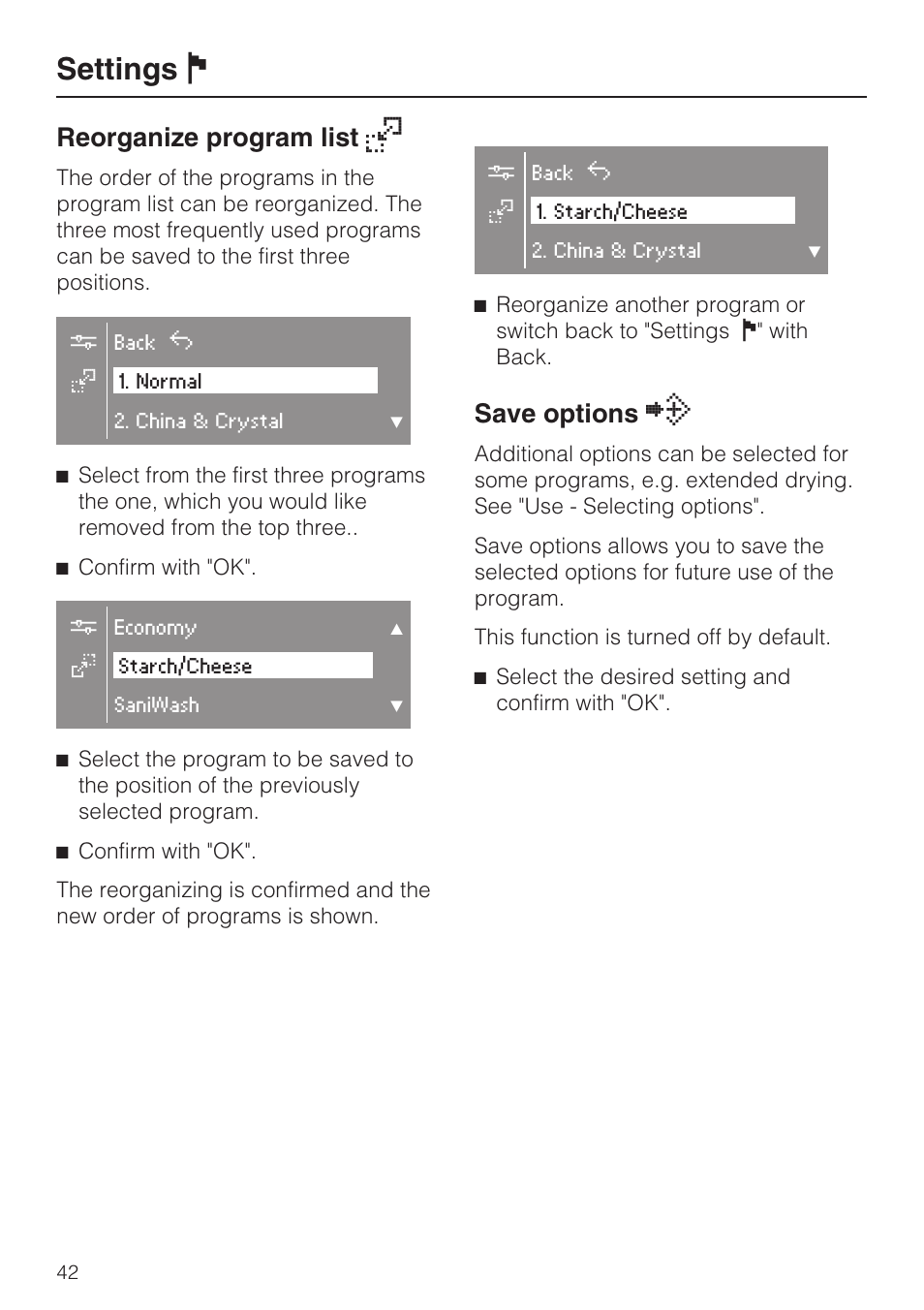 Settings j, Reorganize program list k, Save options ö | Miele G 2732 User Manual | Page 42 / 76