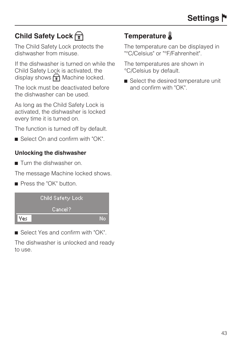 Settings j, Child safety lock x, Temperature | Miele G 2732 User Manual | Page 43 / 76