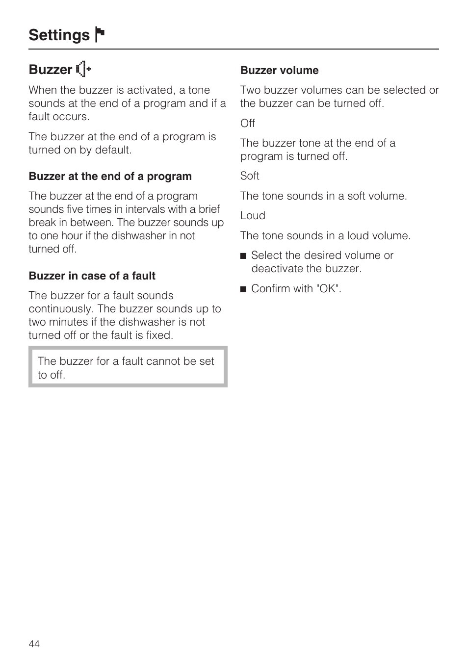 Settings j, Buzzer o | Miele G 2732 User Manual | Page 44 / 76