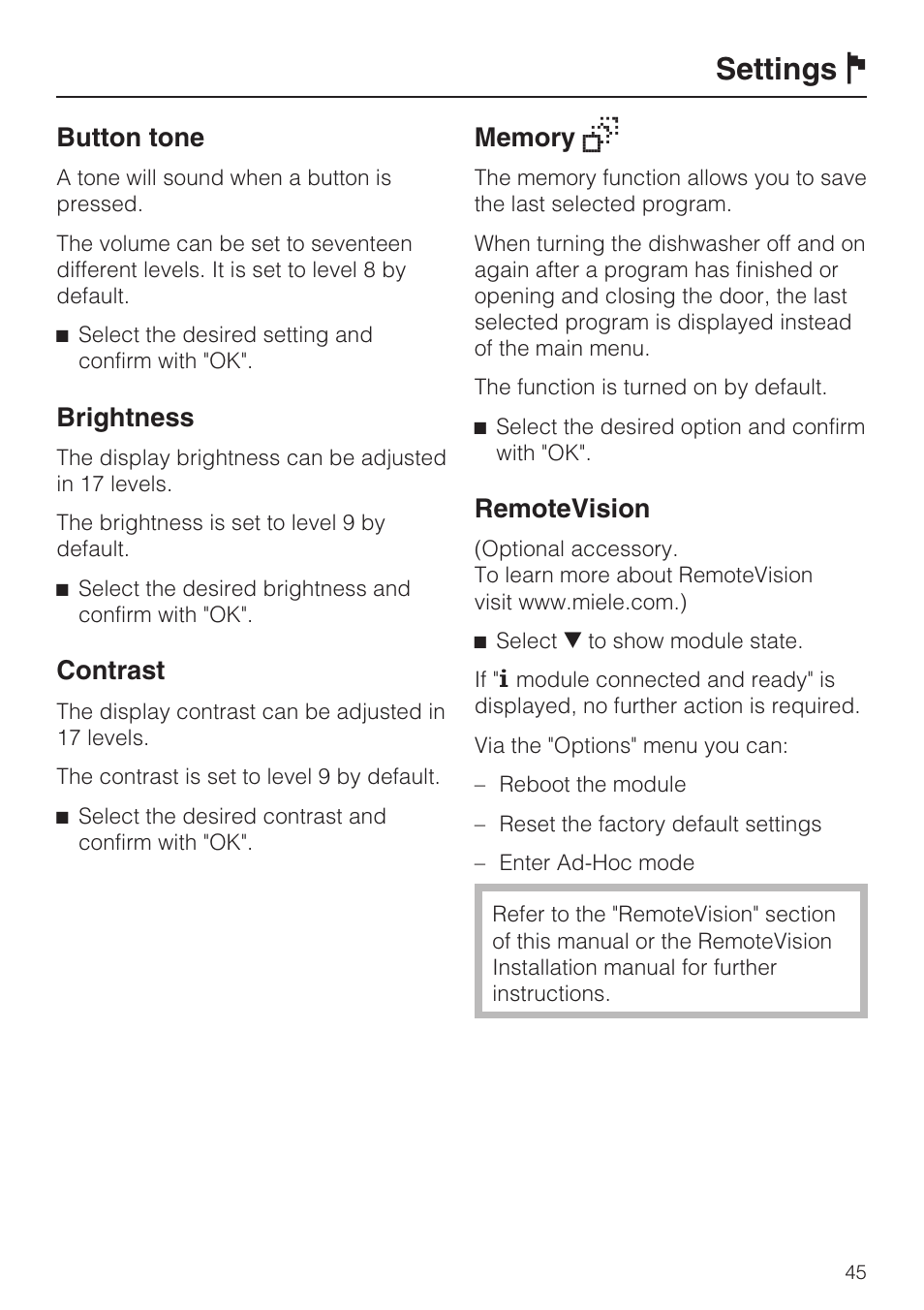Button tone 45, Remotevision 45, Settings j | Button tone, Brightness, Contrast, Remotevision | Miele G 2732 User Manual | Page 45 / 76