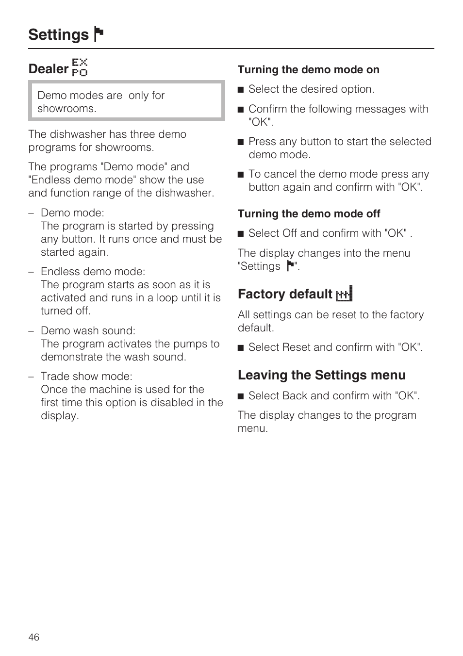 Settings j, Dealer, Factory default | Leaving the settings menu | Miele G 2732 User Manual | Page 46 / 76