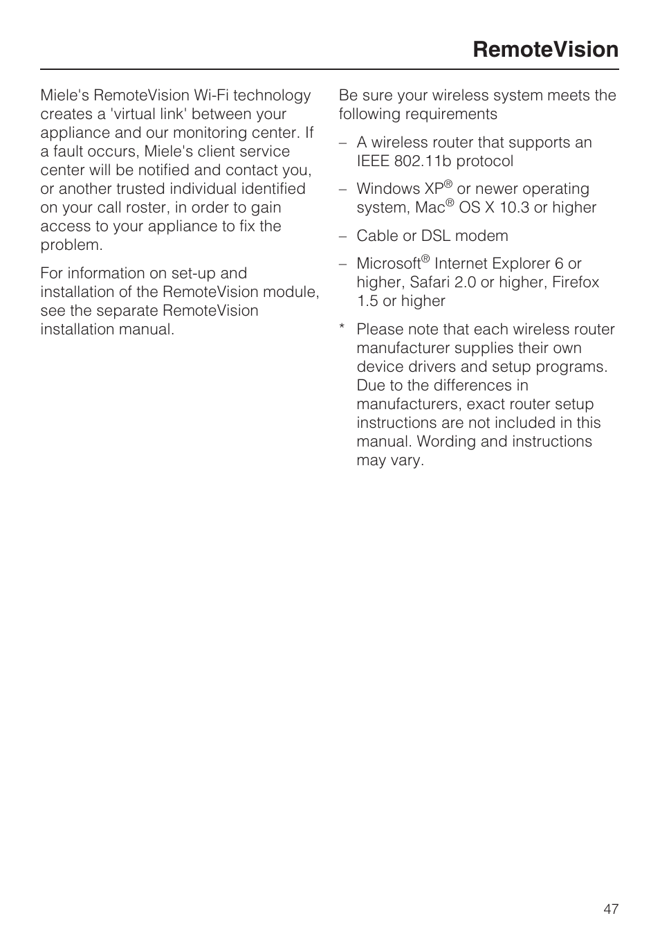 Remotevision 47, Remotevision | Miele G 2732 User Manual | Page 47 / 76