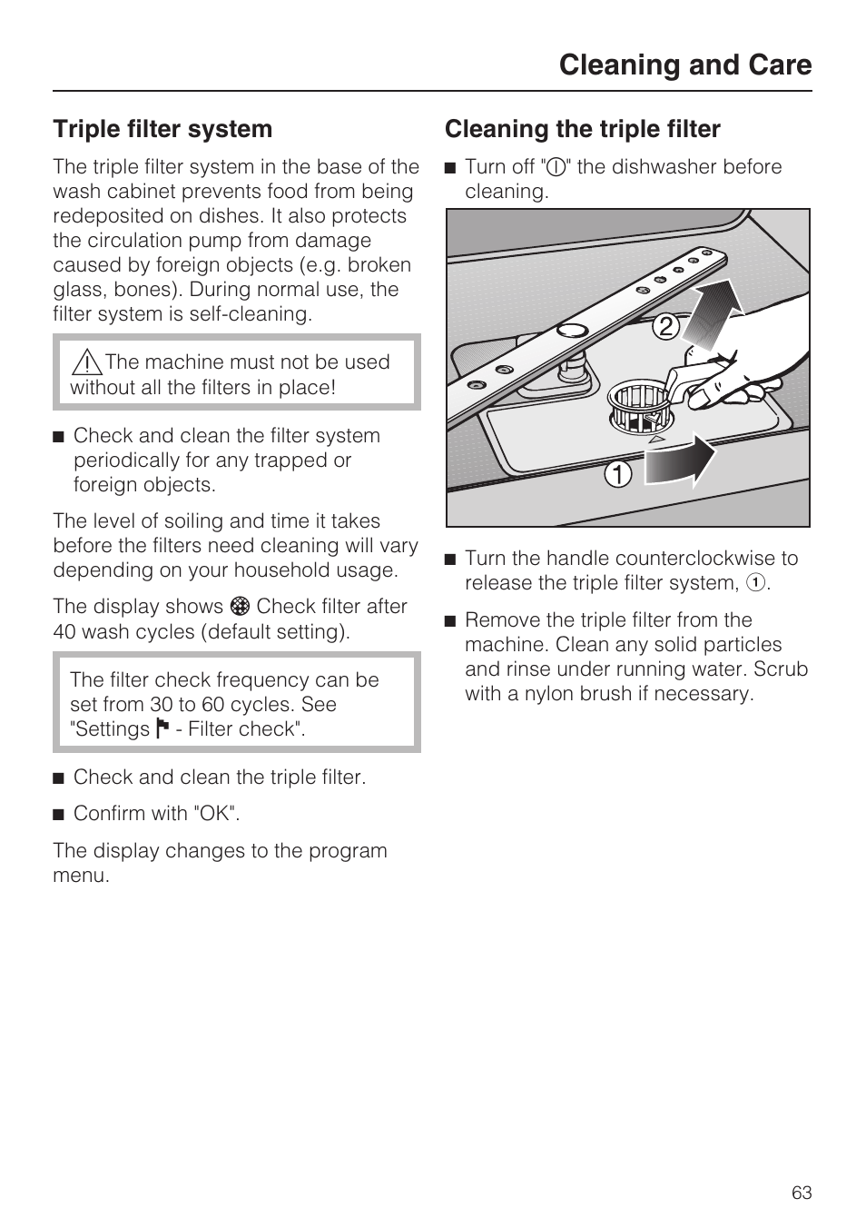 Triple filter system 63, Cleaning and care, Triple filter system | Cleaning the triple filter | Miele G 2732 User Manual | Page 63 / 76