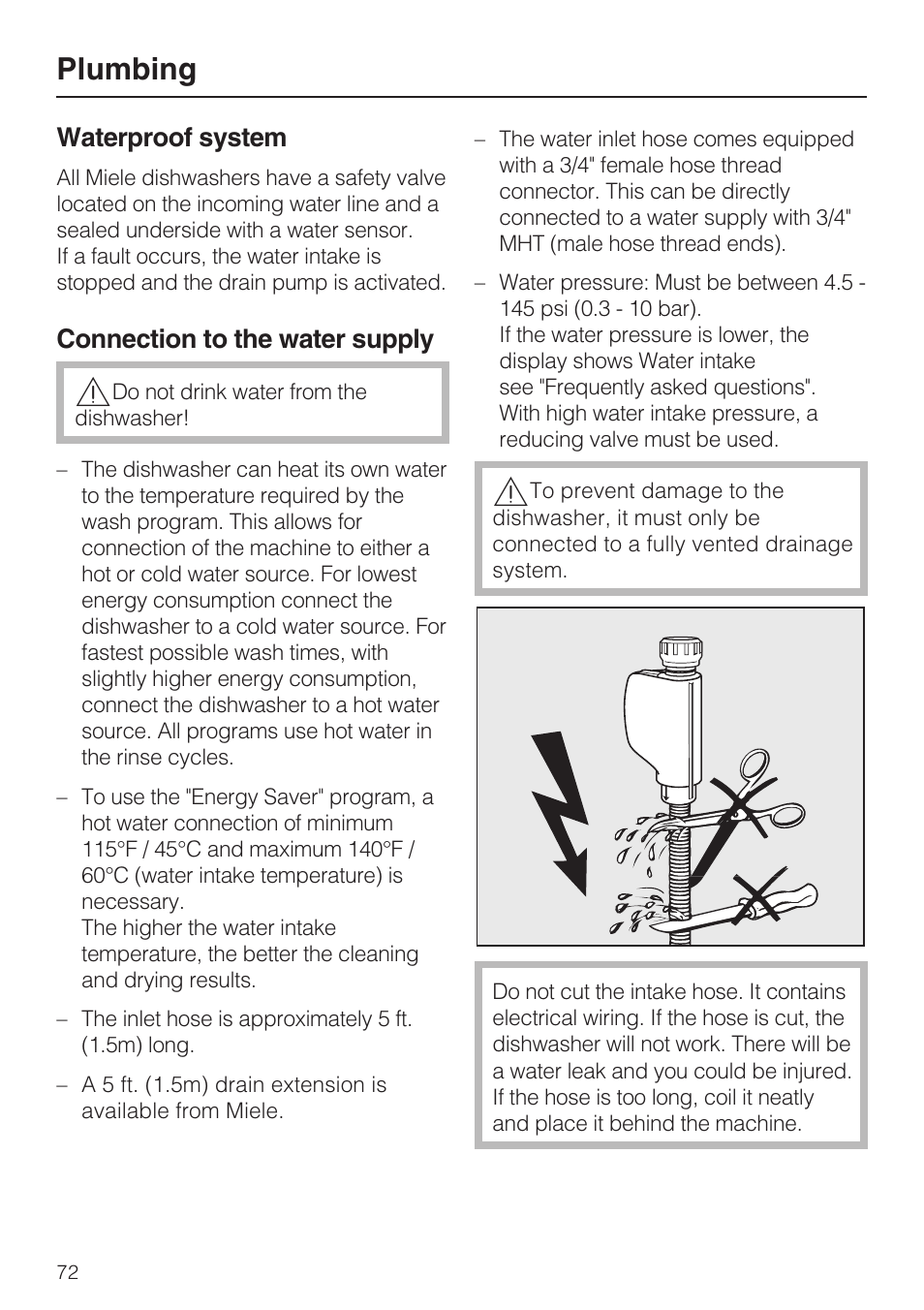 Plumbing 72, Waterproof system 72, Connection to the water supply 72 | Plumbing, Waterproof system, Connection to the water supply | Miele G 2732 User Manual | Page 72 / 76