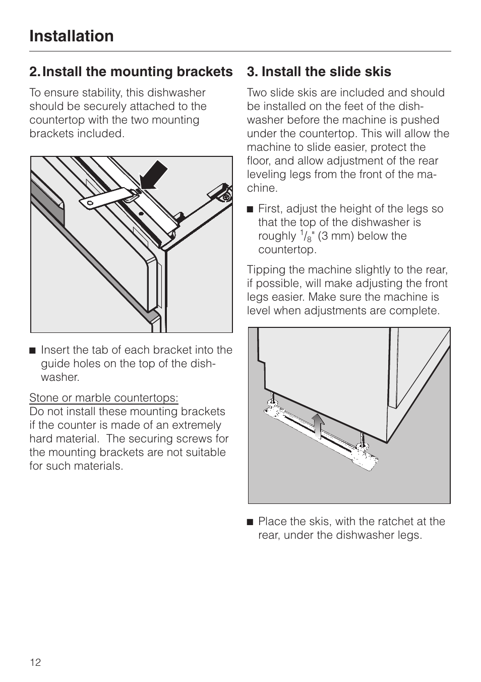 Installation, Install the mounting brackets, Install the slide skis | Miele HG02 User Manual | Page 12 / 40