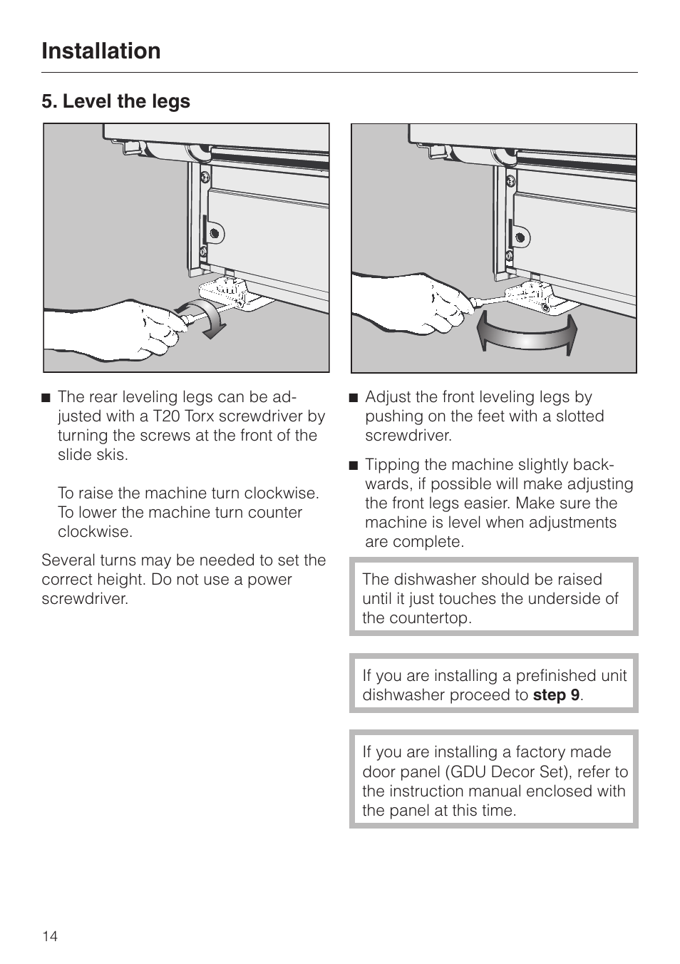 Level the legs, Installation | Miele HG02 User Manual | Page 14 / 40