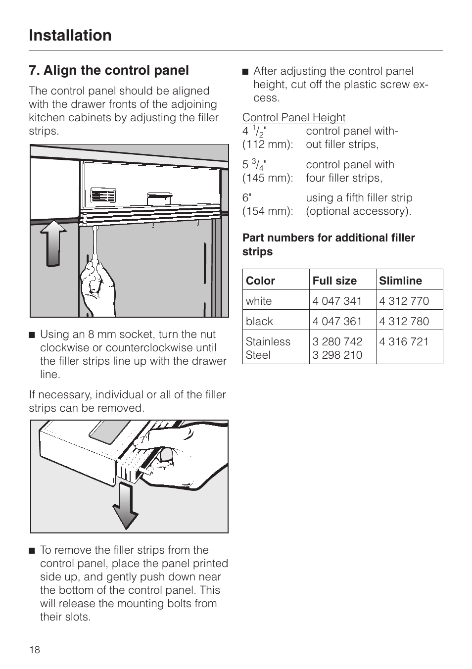 Align the control panel, Installation | Miele HG02 User Manual | Page 18 / 40